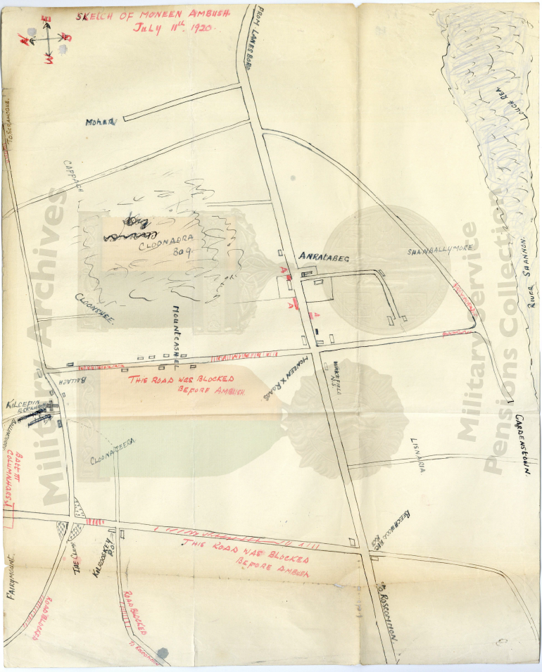 A hand-drawn plan of the ambush at Moneen